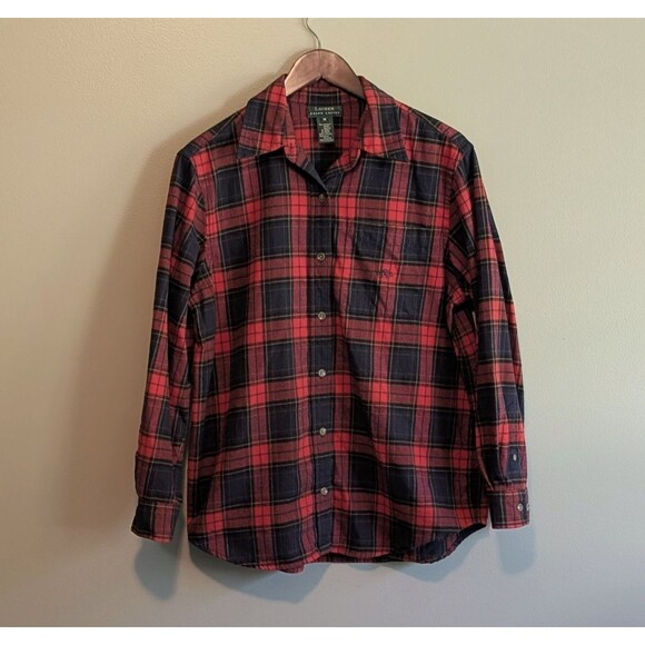 Lauren Ralph Lauren Size Medium Top Red Plaid Flannel Shirt Soft Womens Button M - Picture 1 of 4